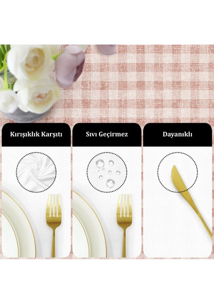 Canvas Ekose Sıvı Geçirmez Leke Tutmaz Masa Örtüsü Pembe
