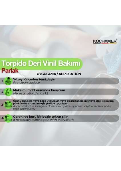 Torpido Bakım Sütü Deri Vinil Parlatıcı ( Parlak Görünüm ) Konsantre 1:2 20 Litre / kg modelleri