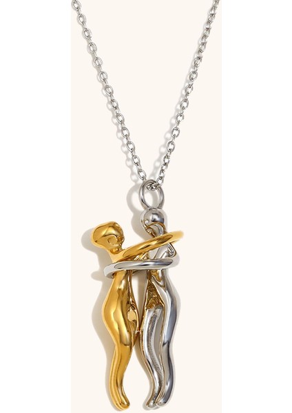 Sarılan Sevgililer Çift Renk Hareketli Tasarım Altın Kaplama Çelik Kolye indirimleri