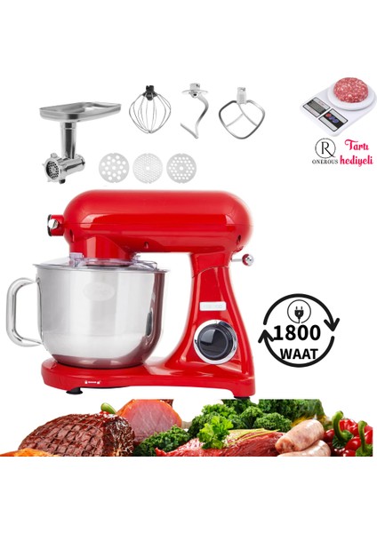 Döküm Gövde Kıyma Çekme Hamur Yoğurma 1800W 6,2 Lt Hacim Premium Mutfak Şefi + Hediyeli