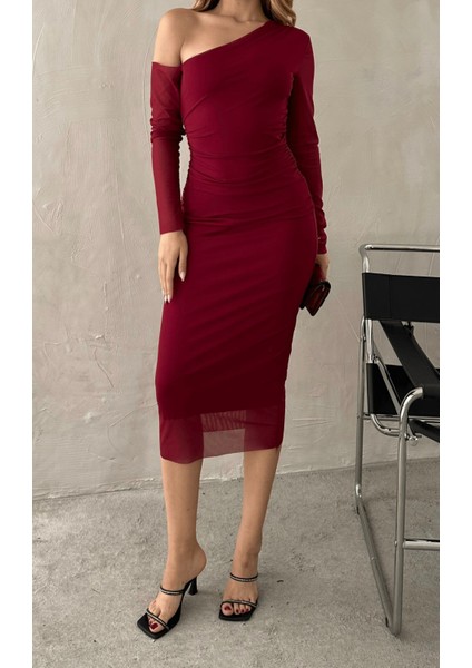Kadın Bordo Tül Astarlı Midi Elbise