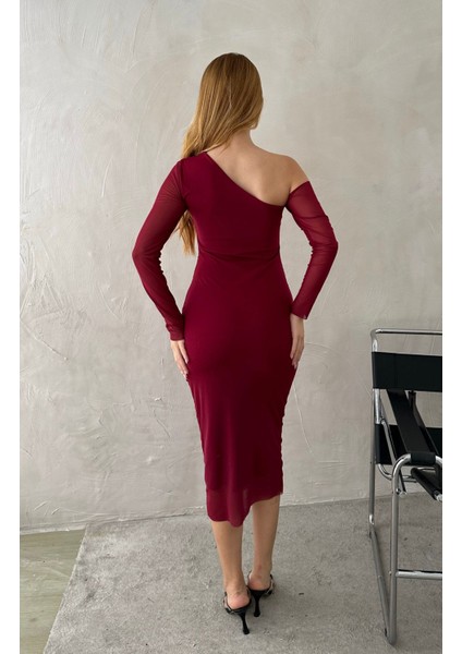 Kadın Bordo Tül Astarlı Midi Elbise