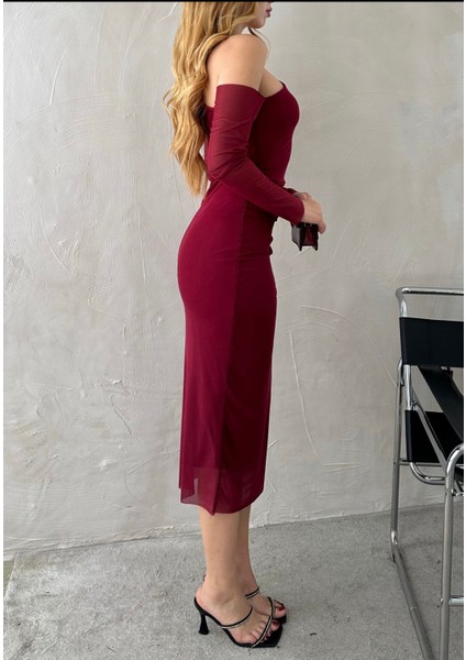 Kadın Bordo Tül Astarlı Midi Elbise