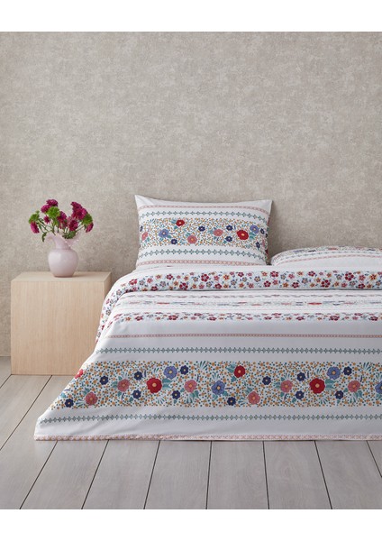 Blossom Bands Pamuklu Çift Kişilik Nevresim Seti 200 x 220 cm Kırmızı - Mavi