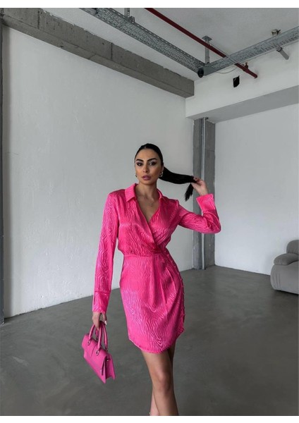 Jakarlı Kruvaze Kısa Elbise - Fuşya