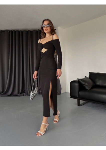 Atlas Askılı Göğüs Pencere Büzgülü Eldiven Kol Detaylı Elbise - Siyah