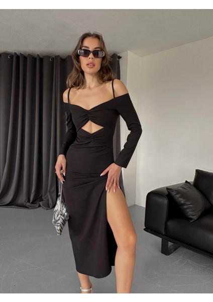 Atlas Askılı Göğüs Pencere Büzgülü Eldiven Kol Detaylı Elbise - Siyah fiyatları
