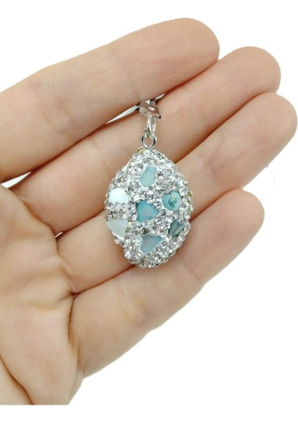 Açık Turkuaz Doğaltaş Araba Dikiz Ayna Süsü Beyaz Parlak Taşlı El Yapımı Lüks Hediyelik Aksesuar