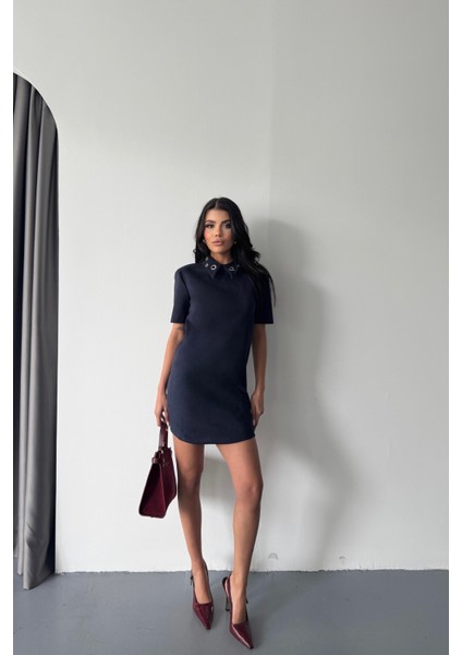 Lacivert Kuşgözü Detay Süet Mini Elbise