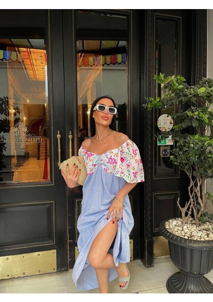 Renkli Nakış Desenli Elbise - Mavi modelleri