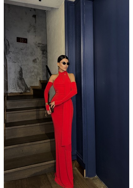 Kırmızı Boyundan Bağlama Detaylı Eldiven Kol Sandy Elbise