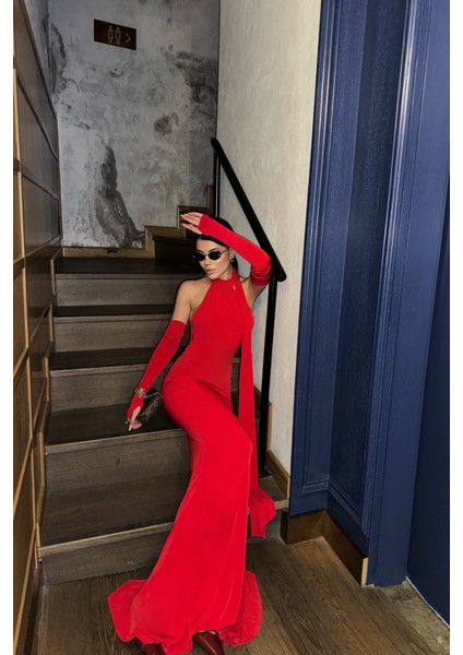 Kırmızı Boyundan Bağlama Detaylı Eldiven Kol Sandy Elbise fiyatları