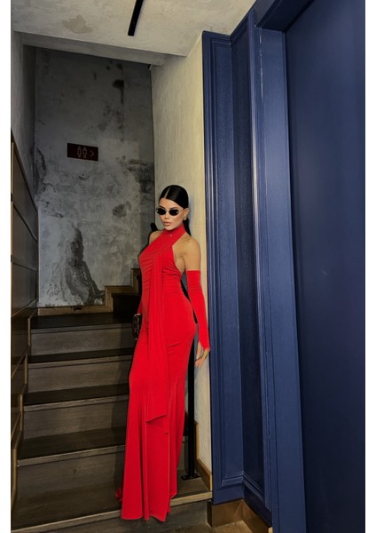 Kırmızı Boyundan Bağlama Detaylı Eldiven Kol Sandy Elbise fırsatları