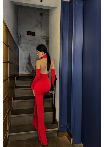 Kırmızı Boyundan Bağlama Detaylı Eldiven Kol Sandy Elbise indirimleri