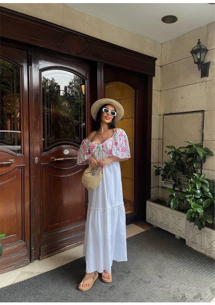 Renkli Nakış Desenli Elbise - Beyaz