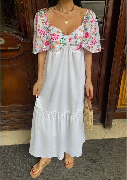 Renkli Nakış Desenli Elbise - Beyaz fiyatları