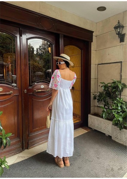 Renkli Nakış Desenli Elbise - Beyaz fırsatları