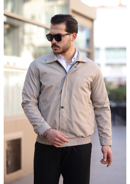 Erkek Krem Su ve Rüzgar Geçirmez Oversize Rahat Kesim Bel Lastikli Astarlı Mevsimlik Mont