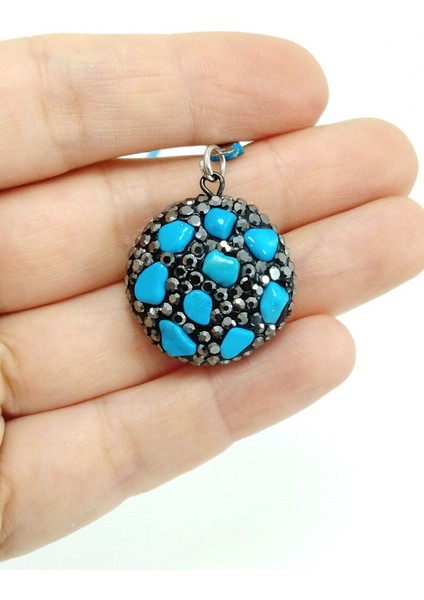 Turkuaz Doğaltaş Araba Dikiz Ayna Süsü, Yuvarlak Koyu Parlak Taşlı El Yapımı Lüks Hediyelik Aksesuar