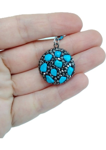 Turkuaz Doğaltaş Araba Dikiz Ayna Süsü, Yuvarlak Koyu Parlak Taşlı El Yapımı Lüks Hediyelik Aksesuar fiyatları