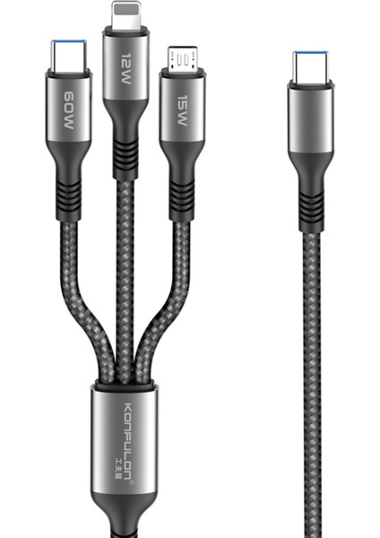 Konfulon DC62 3in1 Type-C To 60W Type-C / 12W Lightning / 15W Micro 1.2m Hızlı Şarj Kablo - Siyah 11
