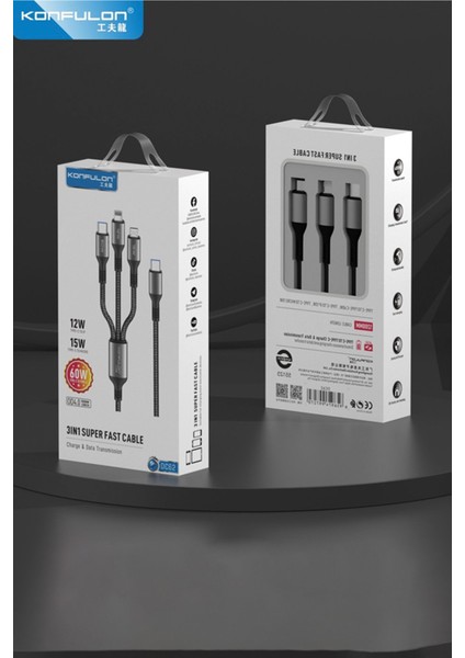 Konfulon DC62 3in1 Type-C To 60W Type-C / 12W Lightning / 15W Micro 1.2m Hızlı Şarj Kablo - Siyah 11