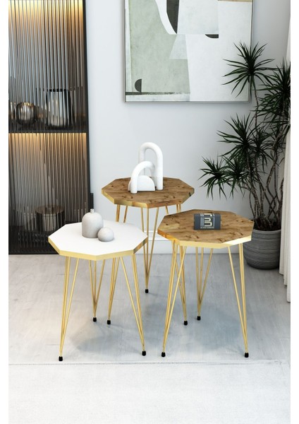 3'lü Sekizgen Zigon Sehpa Seti - Gold Metal Ayaklı, Modern & Şık Yan Sehpa, Dayanıklı Salon Ofis
