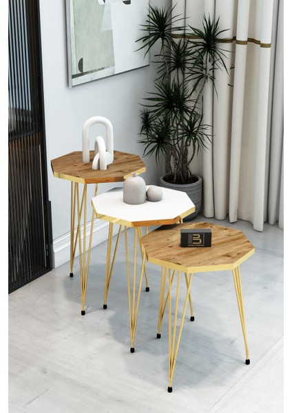 3'lü Sekizgen Zigon Sehpa Seti - Gold Metal Ayaklı, Modern & Şık Yan Sehpa, Dayanıklı Salon Ofis fiyatları