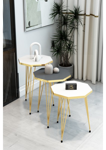3'lü Sekizgen Zigon Sehpa Seti - Gold Metal Ayaklı, Modern & Şık Yan Sehpa, Dayanıklı Salon Ofis
