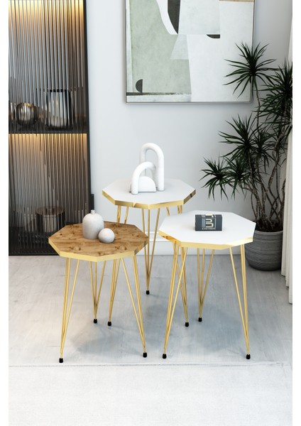 3'lü Sekizgen Zigon Sehpa Seti - Gold Metal Ayaklı, Modern & Şık Yan Sehpa, Dayanıklı Salon Ofis