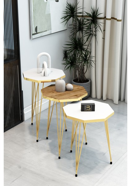 3'lü Sekizgen Zigon Sehpa Seti - Gold Metal Ayaklı, Modern & Şık Yan Sehpa, Dayanıklı Salon Ofis fiyatları