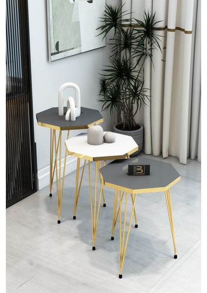 3'lü Sekizgen Zigon Sehpa Seti - Gold Metal Ayaklı, Modern & Şık Yan Sehpa, Dayanıklı Salon Ofis