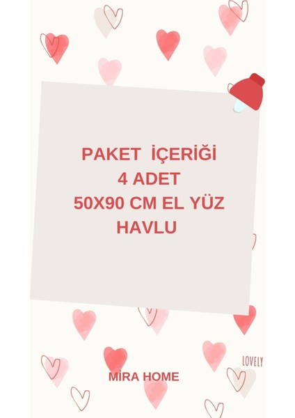 4 Lü Kalp Nakış Işlemeli El Yüz Havlu Seti Pamuklu 50 x 90 cm Hand Of Love
