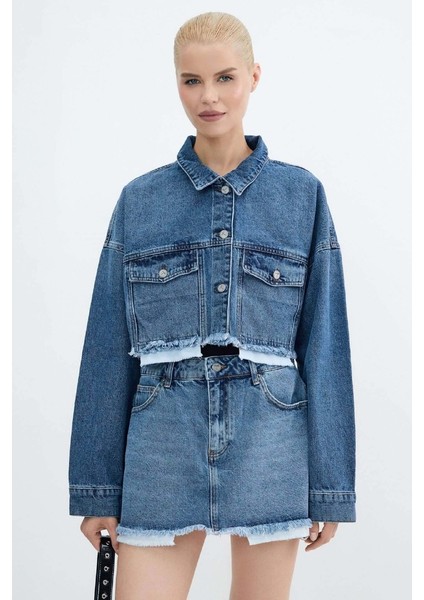 Astar Detaylı ve Normal Belli Klasik Cepli Mini Kot Kadın etek Orta mavi Denim Yaz / Bahar