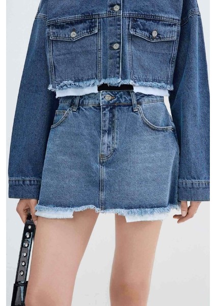 Astar Detaylı ve Normal Belli Klasik Cepli Mini Kot Kadın etek Orta mavi Denim Yaz / Bahar