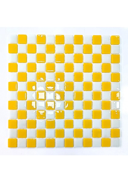 Mutfak Tezgah Arası, Havuz, Banyo, Sauna, Spa, İç ve Dış Ortamlarda Tüm Yüzeyler İçin Beyaz-Sarı Damalı . 31,5X31,5 cm. Fileli Cam Mozaik. ( 1 M2 Fiyatıdır )