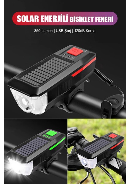 Su Geçirmez Güneş Enerjili LED Işıklı Bisiklet Farı - Kornalı USB ile Şarj Edilebilir Fener - 11 cm