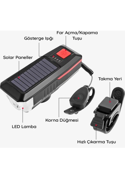 Su Geçirmez Güneş Enerjili LED Işıklı Bisiklet Farı - Kornalı USB ile Şarj Edilebilir Fener - 11 cm fırsatları