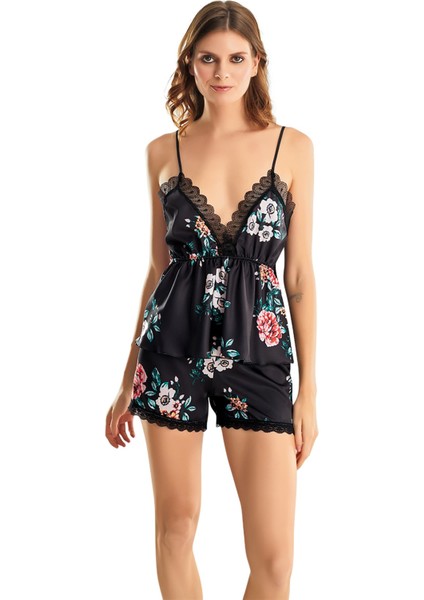 Kadın Siyah Çicek Desenli Askılı Şortlu Pijama Takım