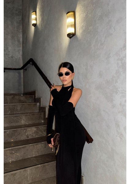 Siyah Boyundan Bağlama Detaylı Eldiven Kol Sandy Elbise fiyatları