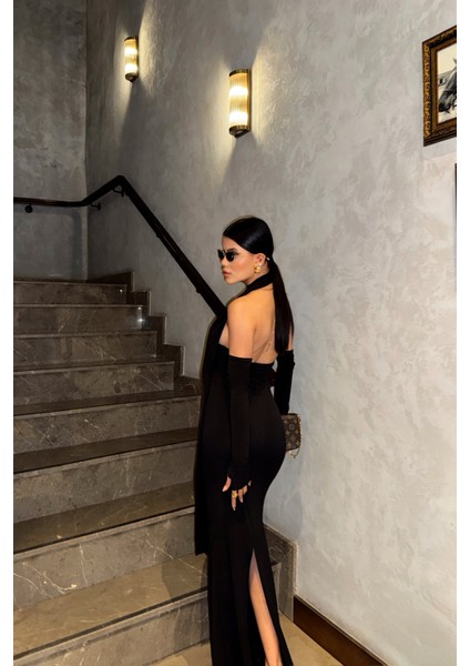 Siyah Boyundan Bağlama Detaylı Eldiven Kol Sandy Elbise modelleri