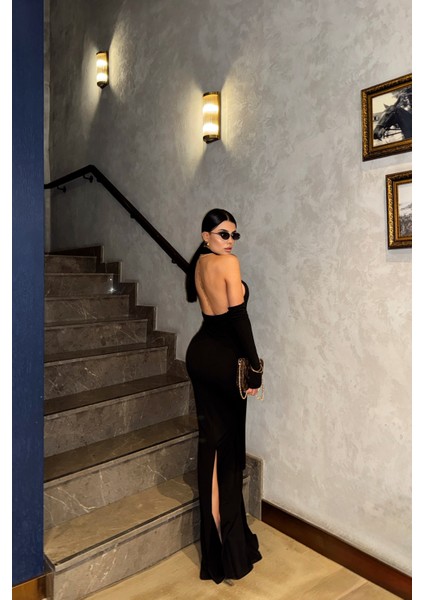 Siyah Boyundan Bağlama Detaylı Eldiven Kol Sandy Elbise fırsatları