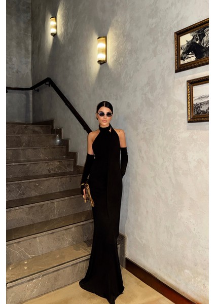 Siyah Boyundan Bağlama Detaylı Eldiven Kol Sandy Elbise indirimleri