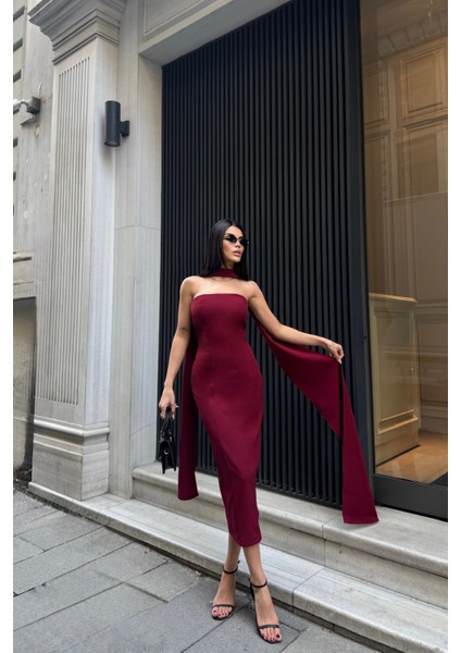 Bordo Straplez Elbise Boyun Kuşak Detaylı