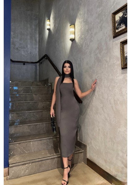 Gri Straplez Elbise Boyun Kuşak Detaylı