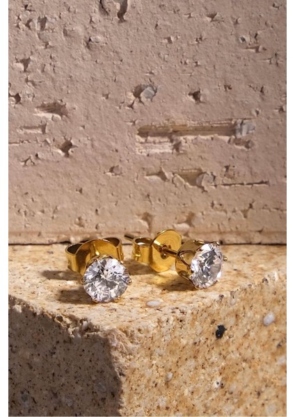 Çelik Tek Taş Küpe 18K Altın Kaplama Tek Taşlı Paslanmaz Çelik Küpe 5mm modelleri