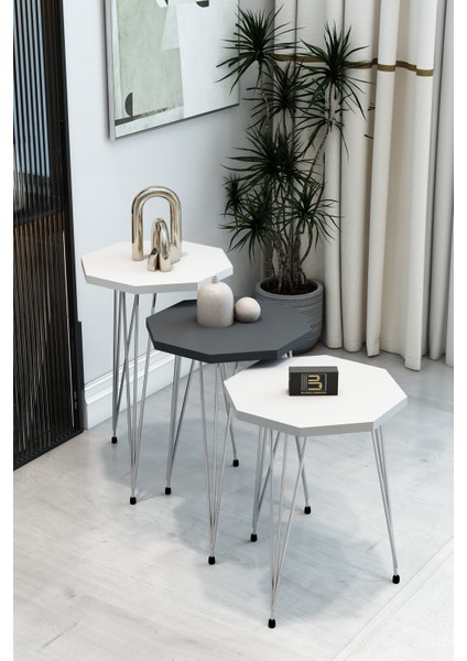 3'lü Sekizgen Zigon Sehpa Seti - Gümüş Metal Ayaklı, Modern & Şık Yan Sehpa, Dayanıklı Salon Ofis fiyatları