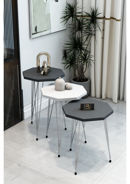 3'lü Sekizgen Zigon Sehpa Seti - Gümüş Metal Ayaklı, Modern & Şık Yan Sehpa, Dayanıklı Salon Ofis fiyatları