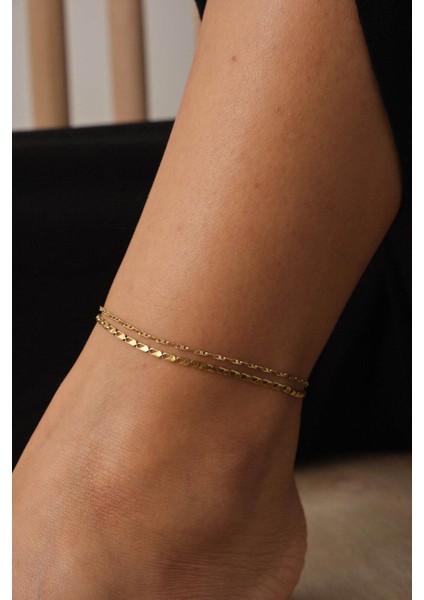 Çelik 2'li Kombin Papağan ve Dokulu Fermuar Zincir Halhal Minimal Kararmaz 22+4cm