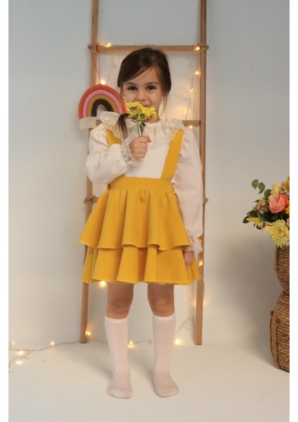 Kız Çocuk Helen Koyu Sarı Askılı Kat Kat Bağlama Jile Elbise Dantel Detay Ekru Uzun Kollu Bluz Takım TKM-0190.4